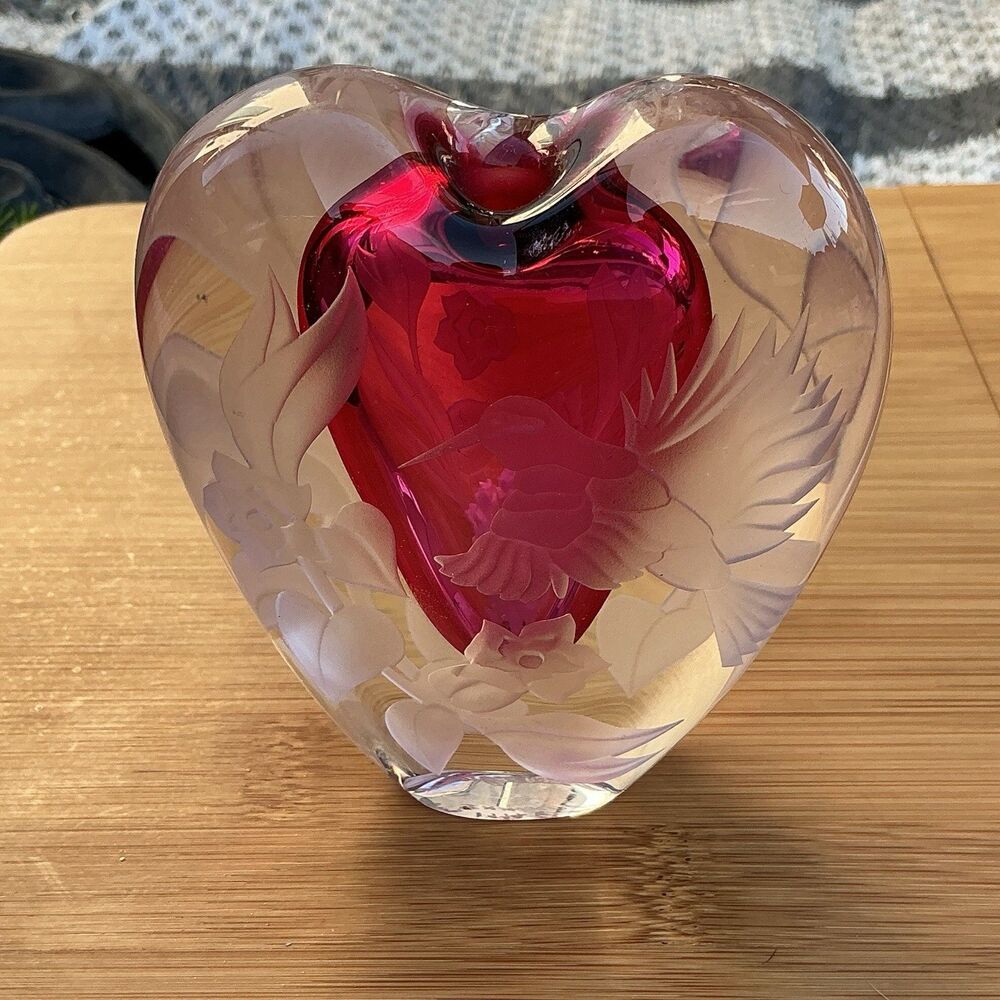 Art Glass Heart Paperweight Red Hummingbird Floral Etched 3” Decorative Glass